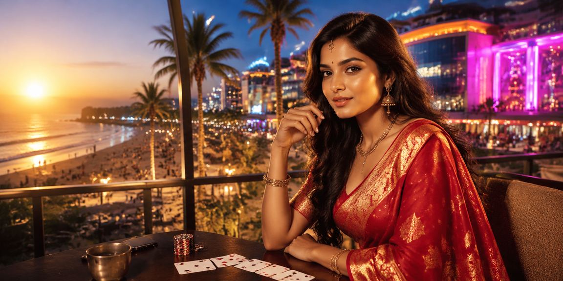 Goa beach with people enjoying Teen Patti and casino games