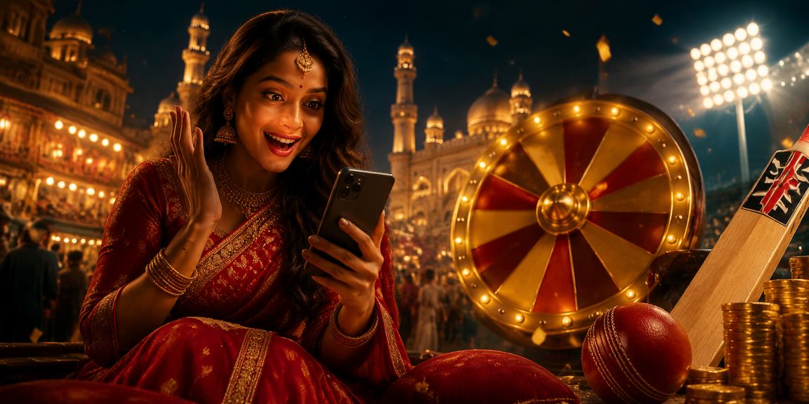 Woman in traditional saree enjoying cricket betting on mobile