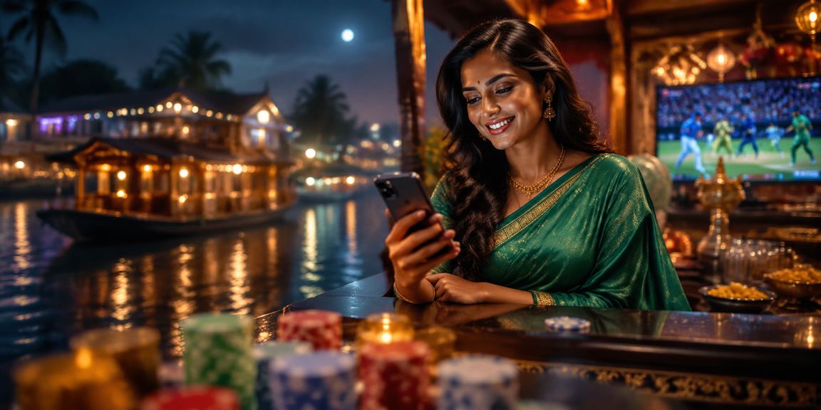 Kerala backwaters with cricket betting theme and traditional saree